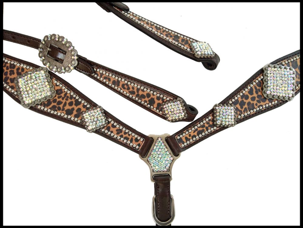 Showman Cheetah Print Headstall, Breast Collar, Reins Set With
