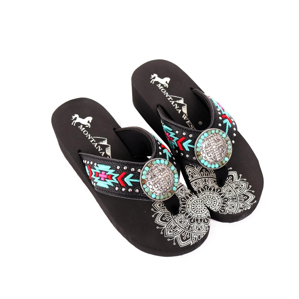 Montana West Mandala Aztec Embroidered Wedge Flip-Flop-FREE SHIPPING