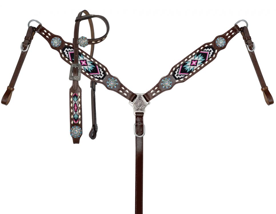 Pink and Teal Beaded One Ear Headstall and Breastcollar Set- FREE SHIPPING