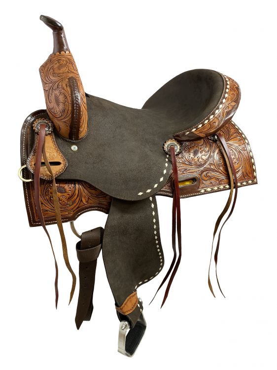 14", 15", 16" Roughout Barrel Saddle With Floral Tooling and White Buckstitching-FREE SHIPPING