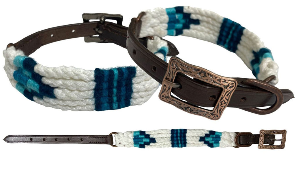 Corded Leather Dog Collar - Blue/White-FREE SHIPPING