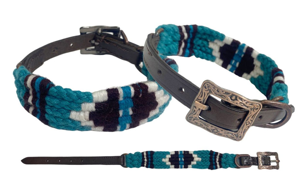 Corded Leather Dog Collar - Teal/White-FREE SHIPPING