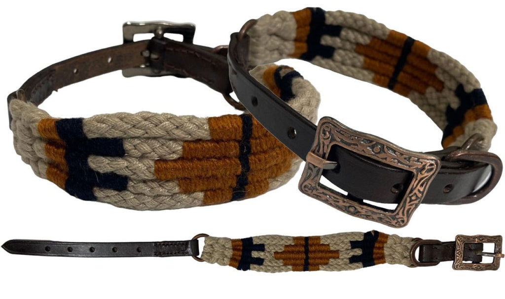 Corded Leather Dog Collar - Tan/Black-FREE SHIPPING