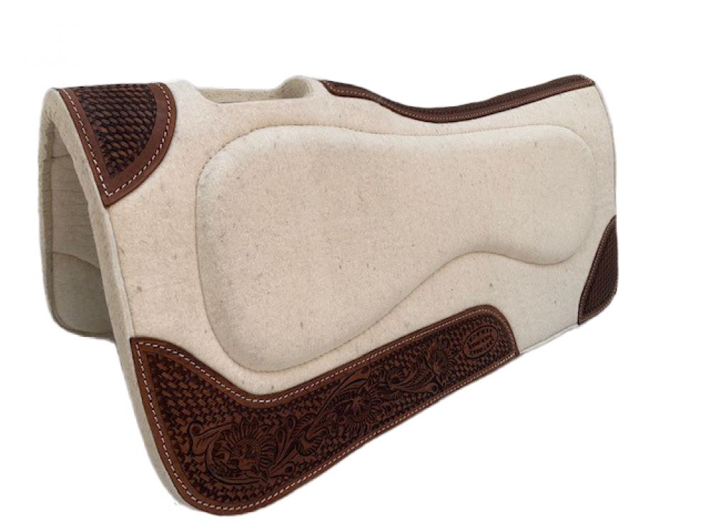 Klassy Cowgirl 1" Thick Wool Pad With Tooled Leather Accents - Cream-FREE SHIPPING