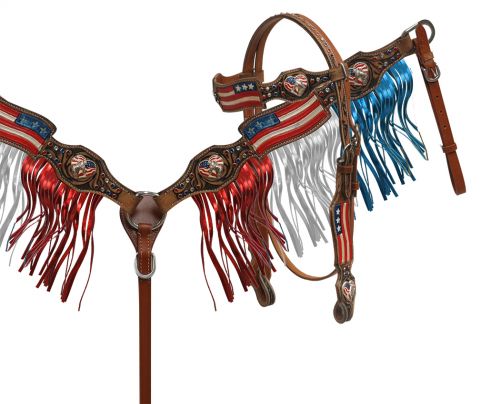 Painted American Flag Headstall And Breast Collar Set With Fringe-FREE SHIPPING