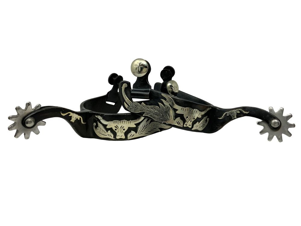 Black Steel Spurs with Engraved Longhorn Overlay-FREE SHIPPING