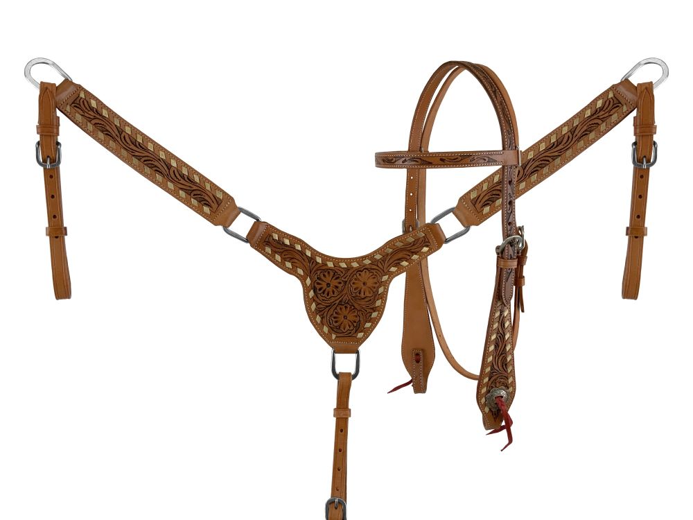 Floral Rawhide Buckstitch Gladiator Style Browband Headstall and Breastcollar Set-FREE SHIPPING