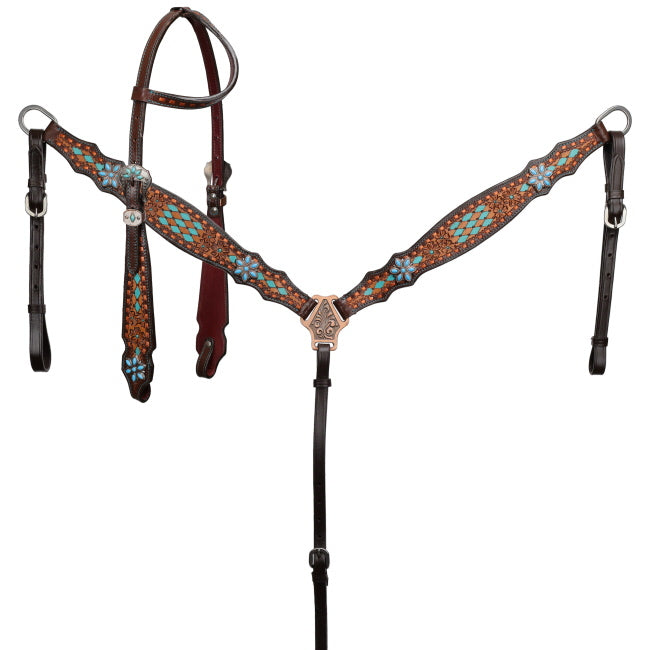 One Ear Headstall and Breastcollar Set- TURQUOISE DIAMOND- FREE SHIPPING