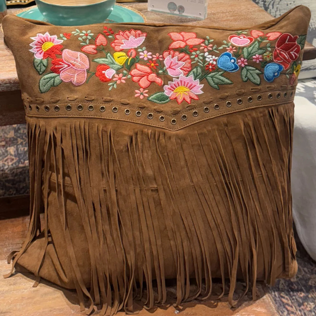 Floral Embroidery Fringed Leather Pillow- FREE SHIPPING