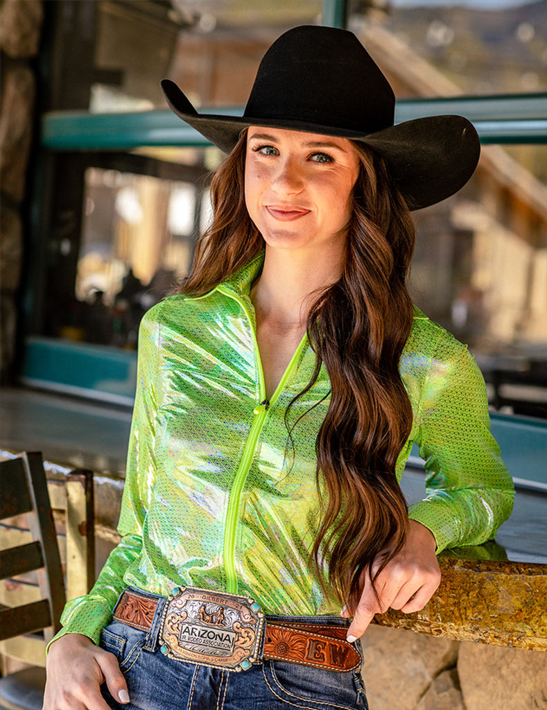 Ladies Western Shirt Zip Long Sleeve -NEON GREEN METALLIC- FREE SHIPPING