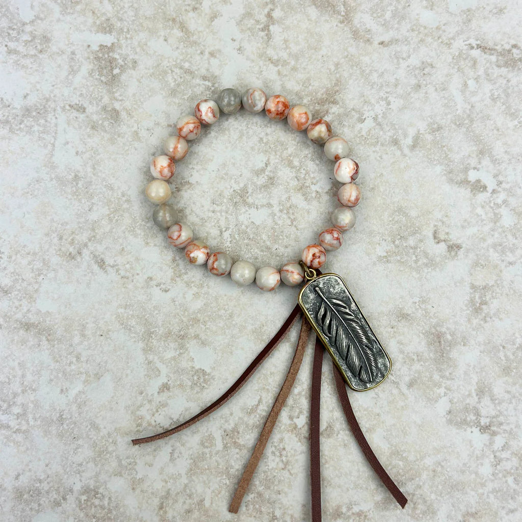 Jasper Bracelet with Tassel and Metal Feather Pendent-FREE SHIPPING