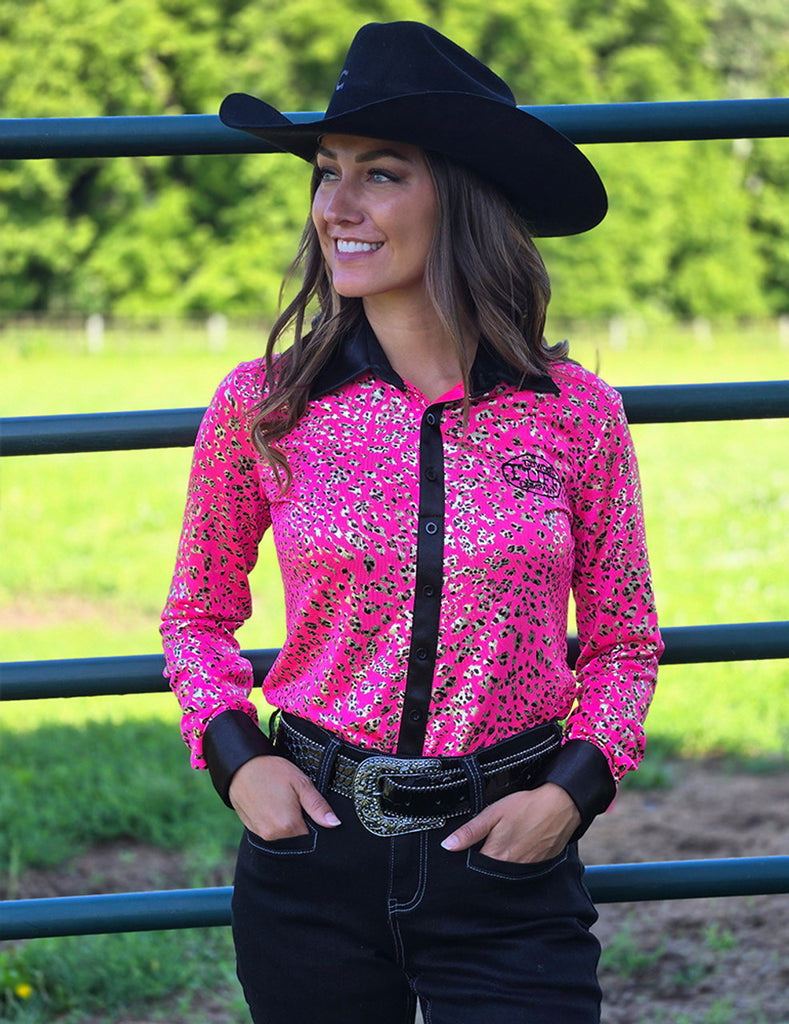 Ladies Western Shirt- PULLOVER BUTTON UP- HOT PINK LEOPARD-FREE SHIPPING