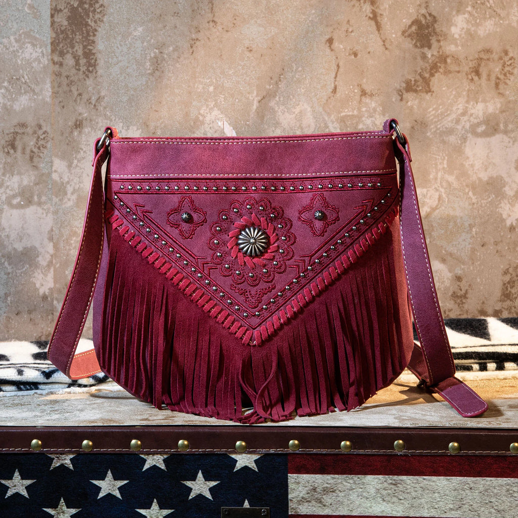 Montana West Concho Collection Concealed Carry Crossbody Bag - Burgundy-FREE SHIPPING