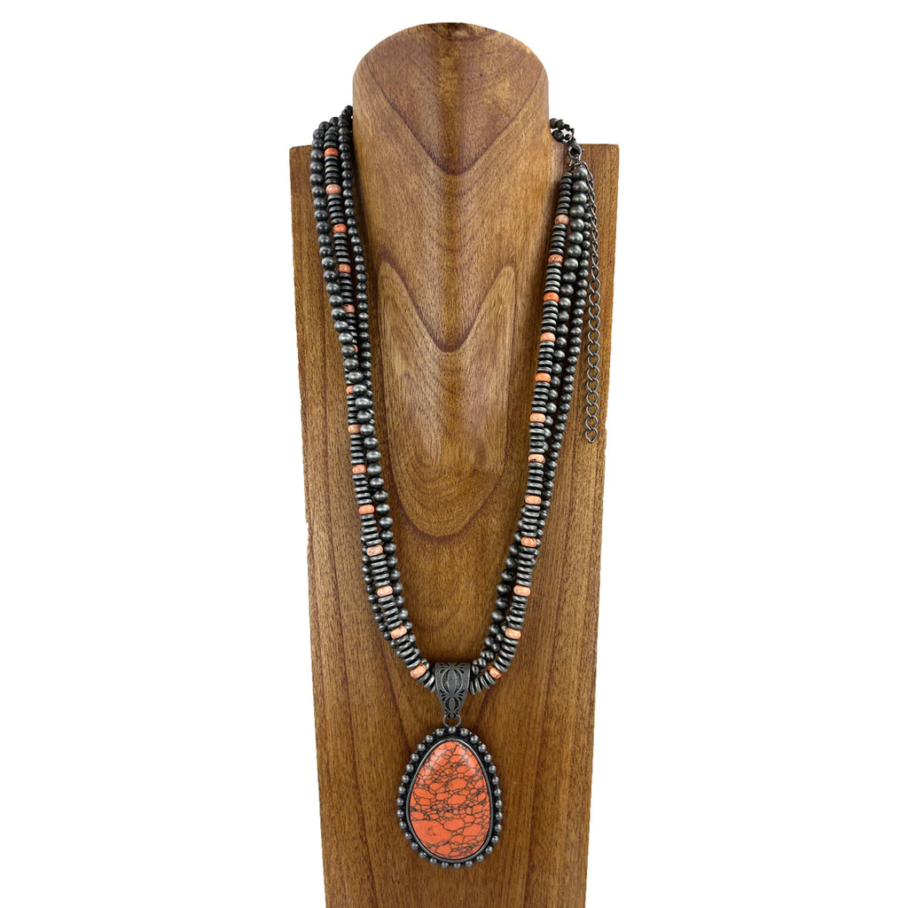 Navajo Pearl And Orange Stone Beads Necklace-FREE SHIPPING