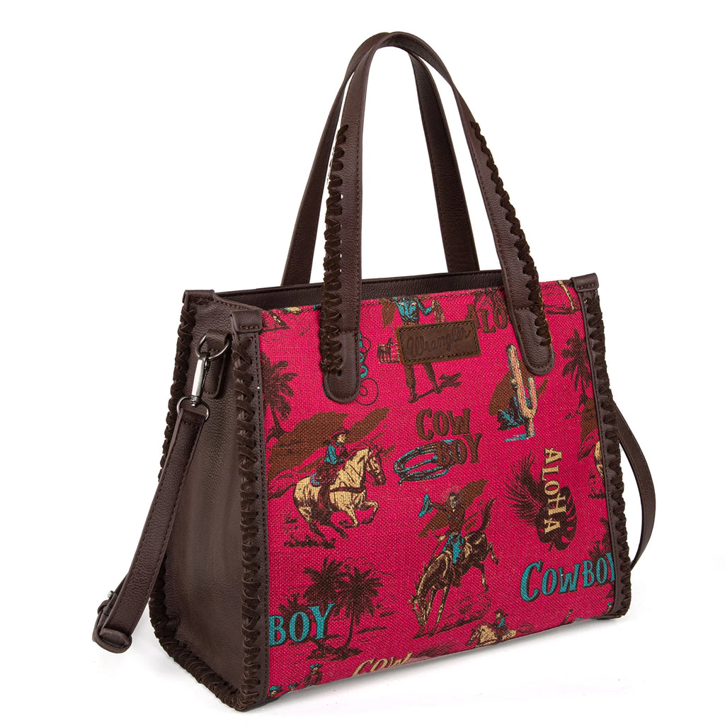 Wrangler Vintage Retro Cowboy Cool Print Satchel/Crossbody -Pink-FREE SHIPPING