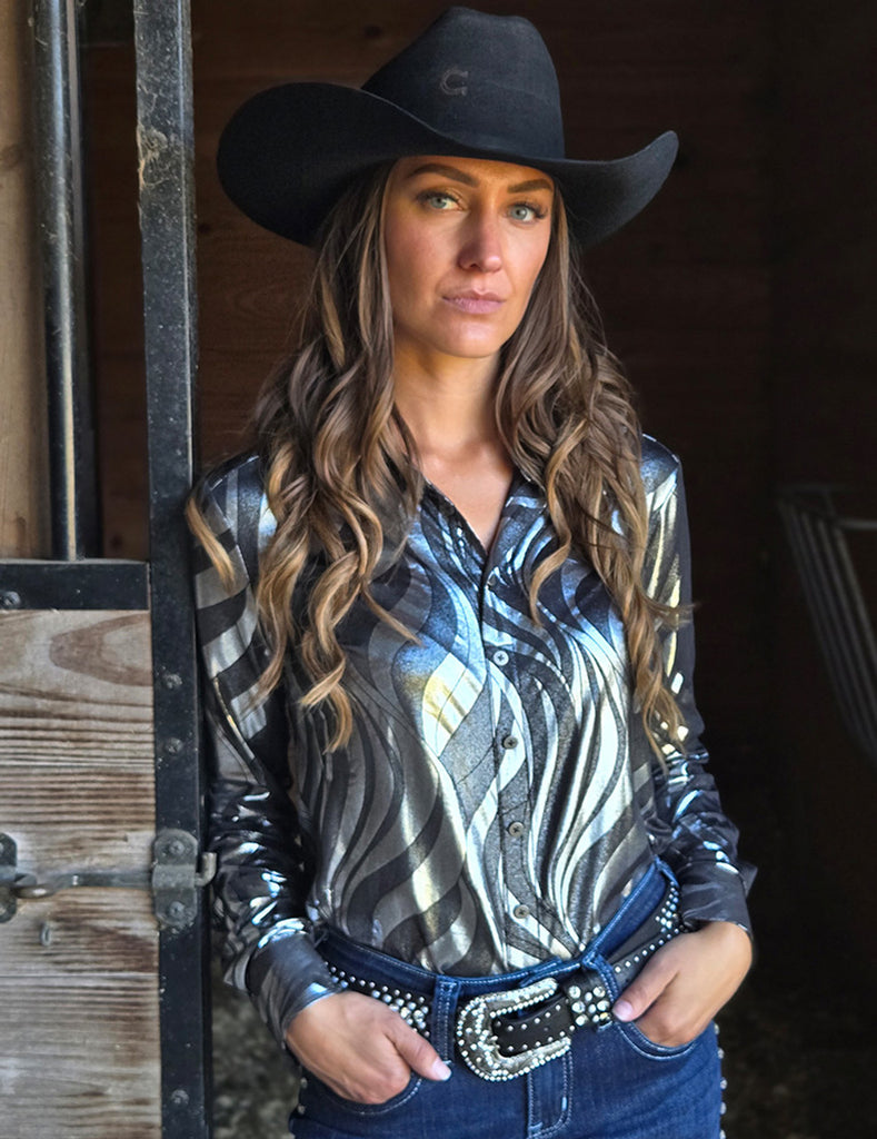 Ladies Western Shirt- SILVER FOIL- FREE SHIPPING
