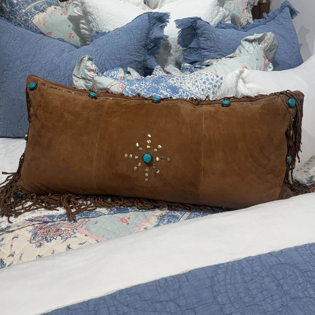 Twisted Fringe Suede Pillow with Turquoise Conchos- 2 SIZES- FREE SHIPPING