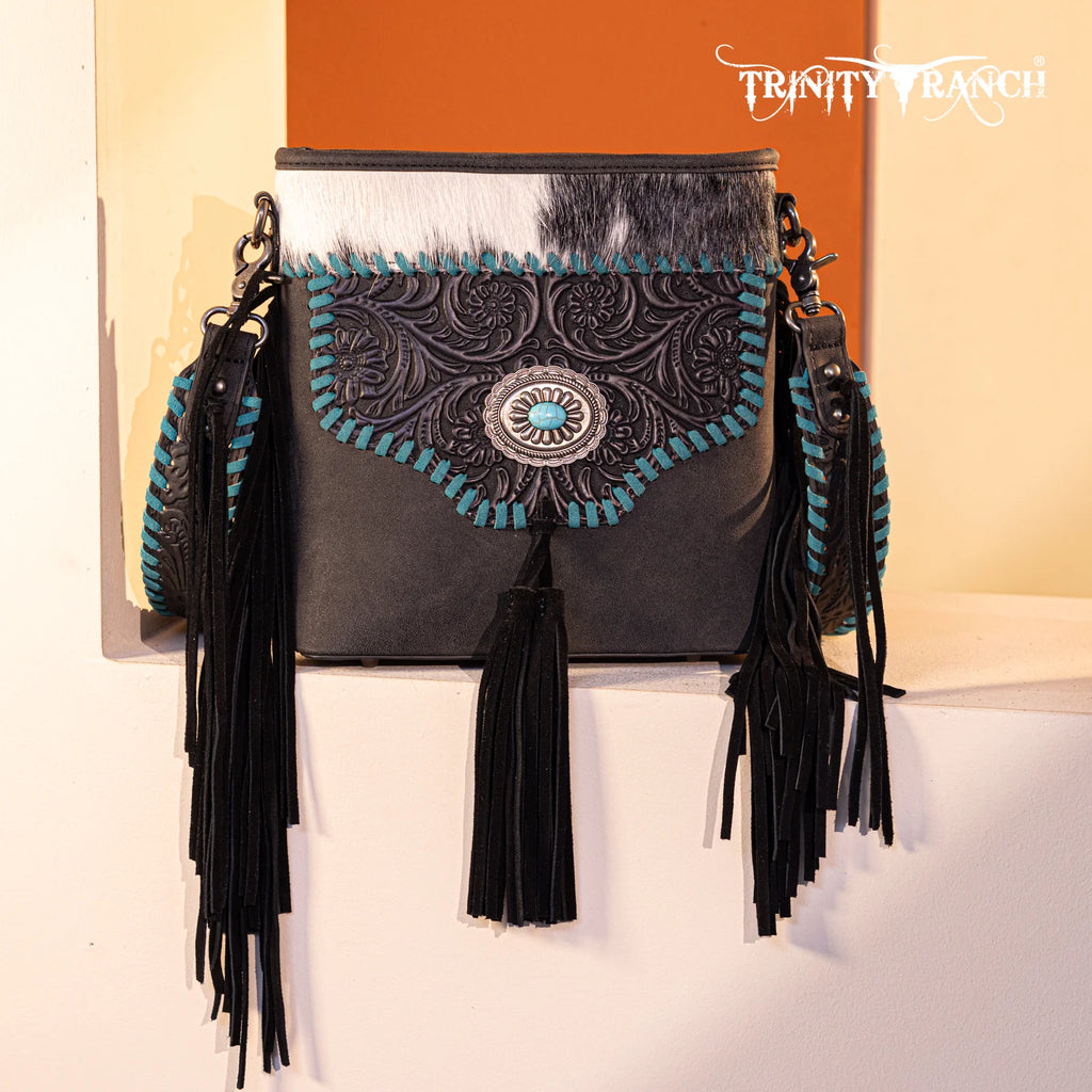 Trinity Ranch Hair-On Cowhide Floral Tooled Concealed Carry Crossbody Bag - Black-FREE SHIPPING