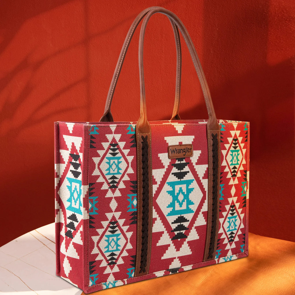 Wrangler Southwestern Pattern Dual Sided Print Canvas Wide Tote Burgundy-FREE SHIPPING