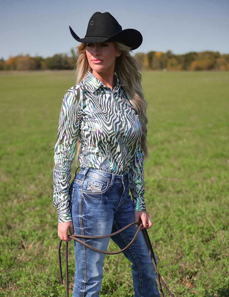 Ladies Western Shirt Pullover Button Up- FOIL ZEBRA- FREE SHIPPING