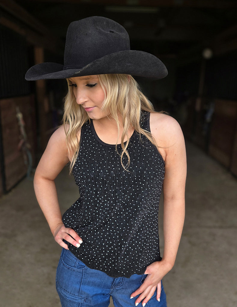 Ladies Western Shirt- BLACK WITH SILVER CRYSTALS- FREE SHIPPING