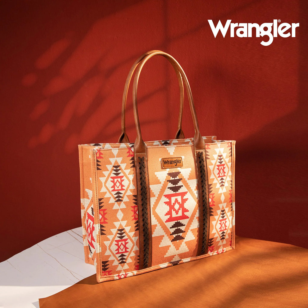 Wrangler Southwestern Pattern Dual Sided Print Canvas Wide Tote Orange-FREE SHIPPING