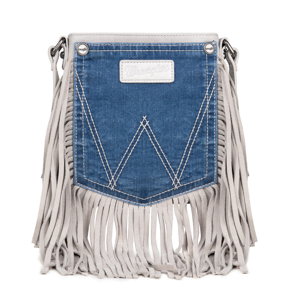 Wrangler Leather Fringe Jean Denim Pocket Crossbody - BEIGE-FREE SHIPPING