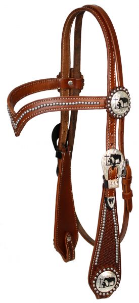 Leather Dbl Stitched Silver Beaded V Brow Headstall w/ Praying Cowboy Conchos-FREE SHIPPING