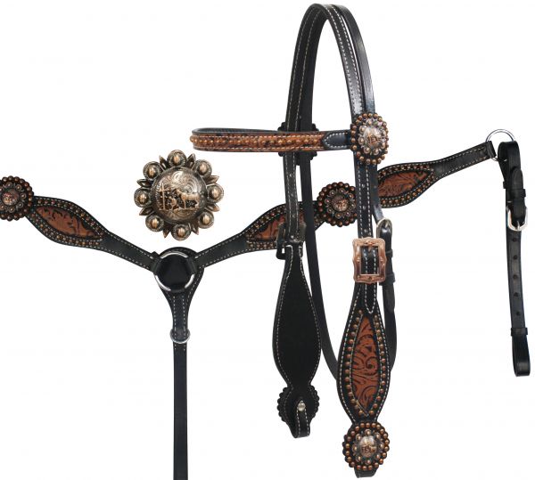 Showman ®  Headstall and Breast Collar Set with Brown Filigree Inlay and Praying Cowboy Conchos