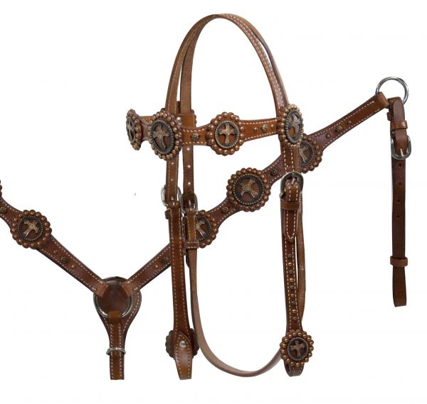 Showman ® Double Stitched Leather Vintage Cross Concho Headstall and Breast Collar Set