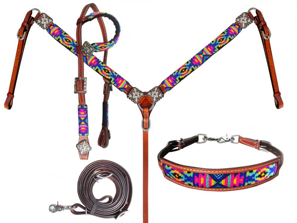 Beaded Bright Colored Tribal Design 4 Piece Tack Set-FREE SHIPPING