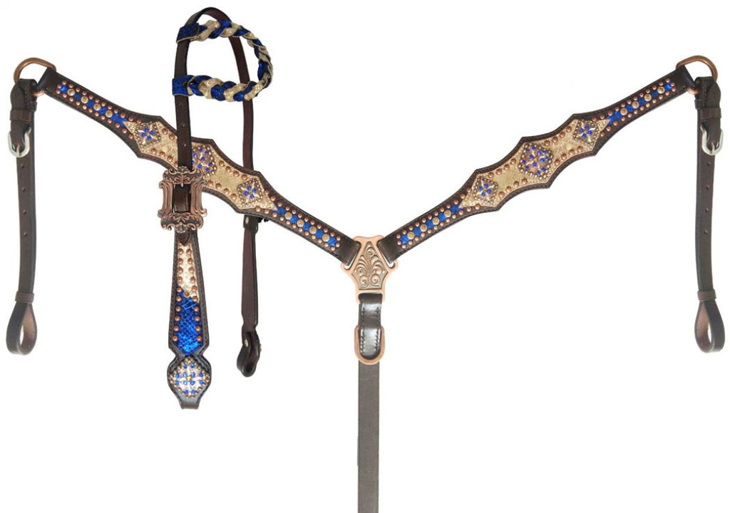 Showman ® Royal Blue and Gold metallic Braided Single Ear Headstall and Breast Collar Set-FREE SHIPPING