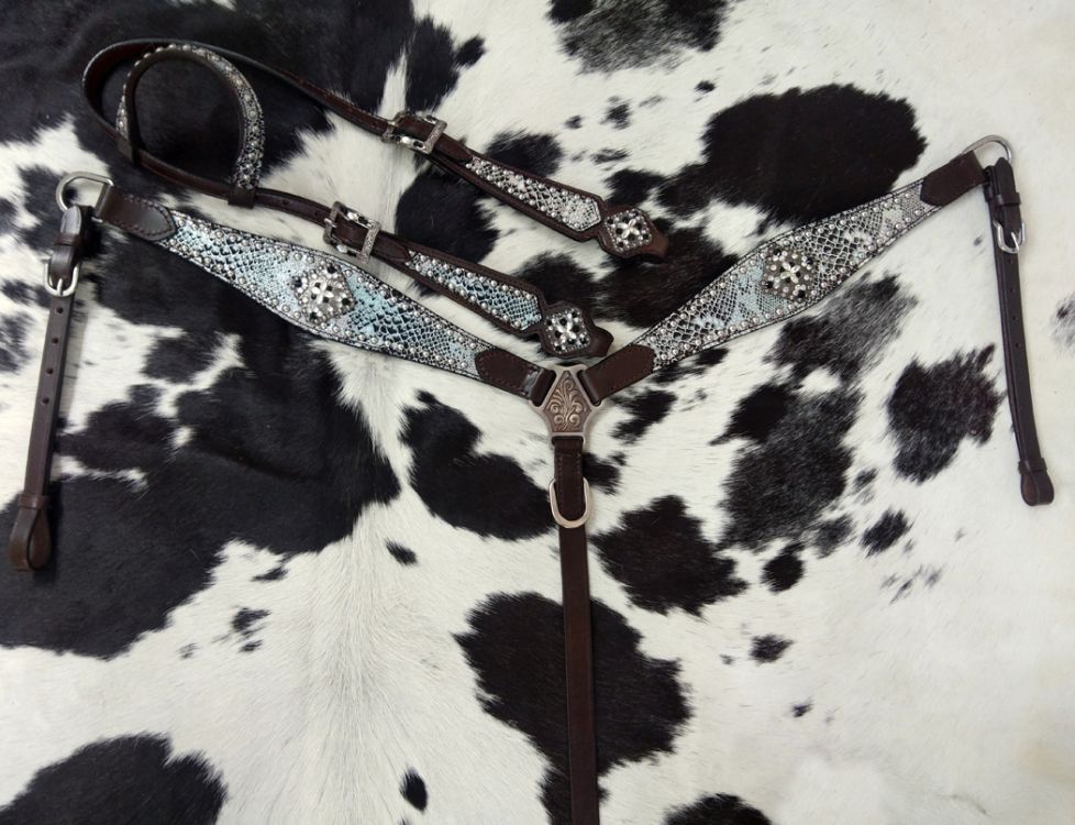 Snakeskin Print Inlay One Ear Headstall And Breast Collar Set-FREE SHIPPING