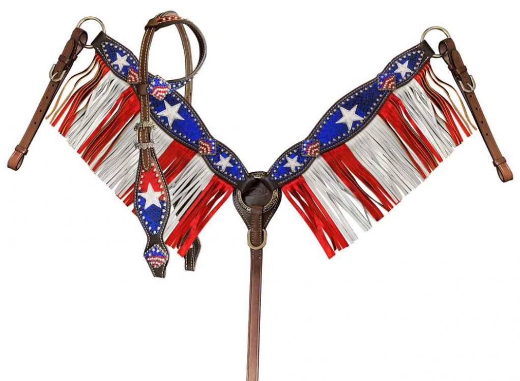 Medium Oil One Ear Bridle & Breast Collar Red/ White/ Blue Patriotic Fringe Set-FREE SHIPPING