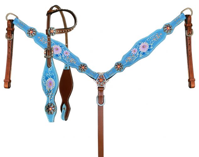 Breast Collar Set Hand Painted Blue With Flower Accents-FREE SHIPPING