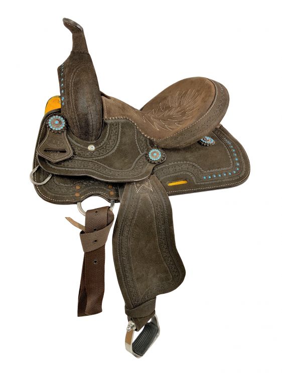 12" Barrel Style Saddle With Oiled Rough Out Leather Teal Buckstitch-FREE SHIPPING