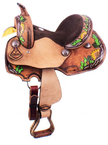 12" BARREL SADDLE WITH HAND PAINTED SUNFLOWER AND CACTUS DESIGN-FQH BARS