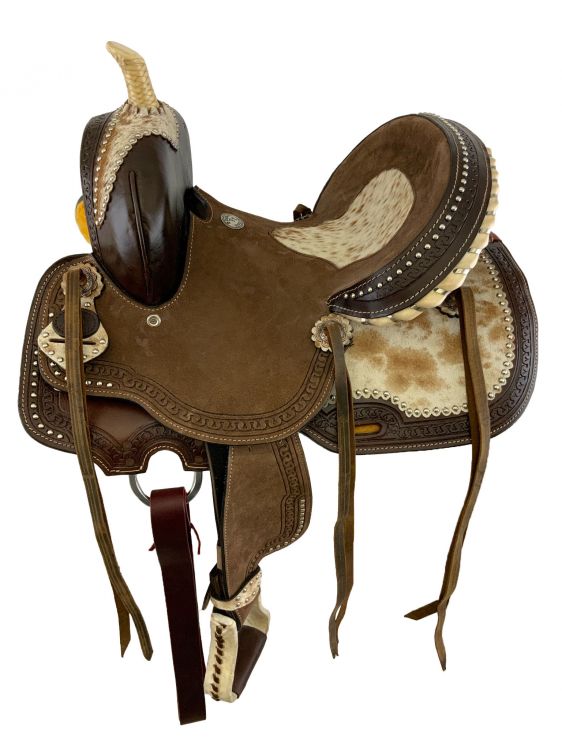 12" Youth Hard Seat Barrel Saddle With Hair On Cowhide Seat-FREE SHIPPING