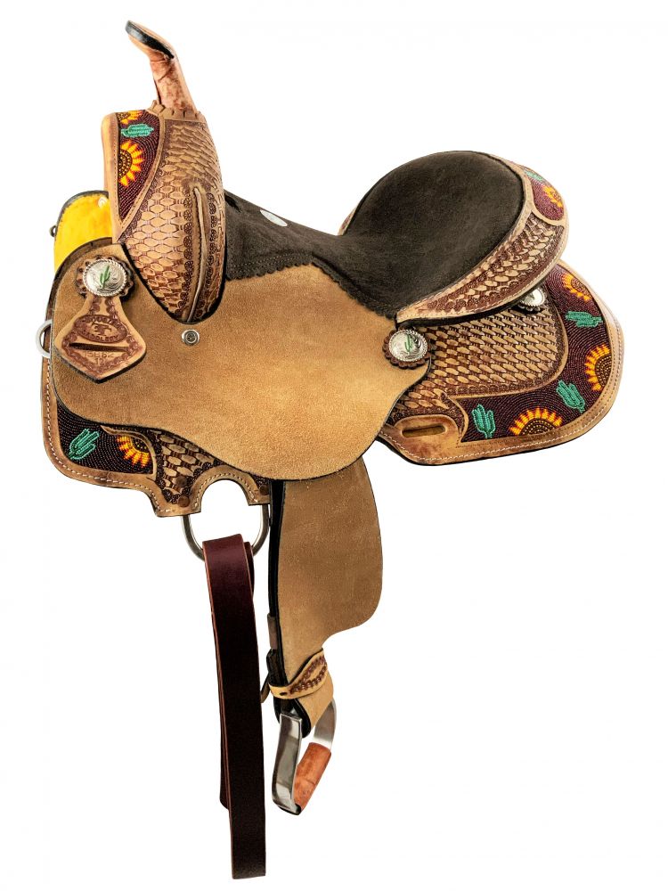 10" Youth Hard Seat Barrel Saddle With Cactus And Sunflower Beaded Accents-FREE SHIPPING