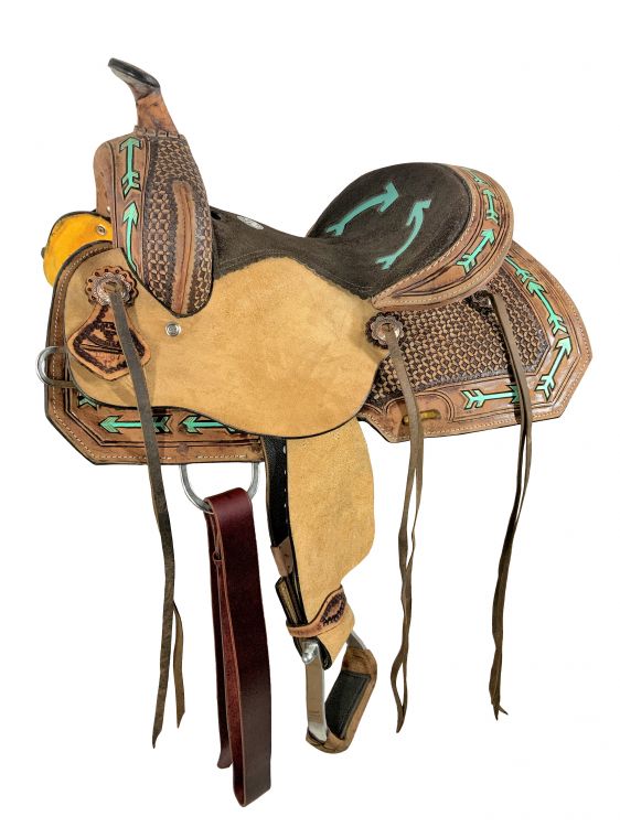 12" Youth Hard Seat Western Saddle With Teal Arrow Accents-FREE SHIPPING