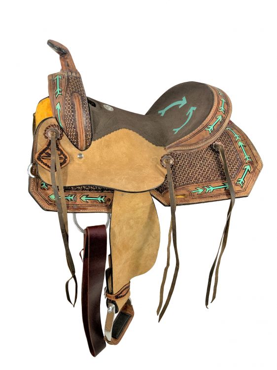 15" Youth Hard Seat Western Saddle With Teal Arrow Accents-FREE SHIPPING