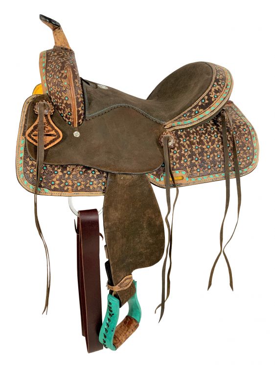 14", 15"  Barrel Style Saddle With Teal Flower And Buckstitch Accents-FREE SHIPPING