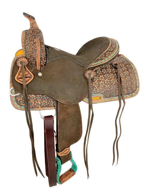 13" Barrel Style Saddle With Teal Flower And Buckstitch Accents-FREE SHIPPING