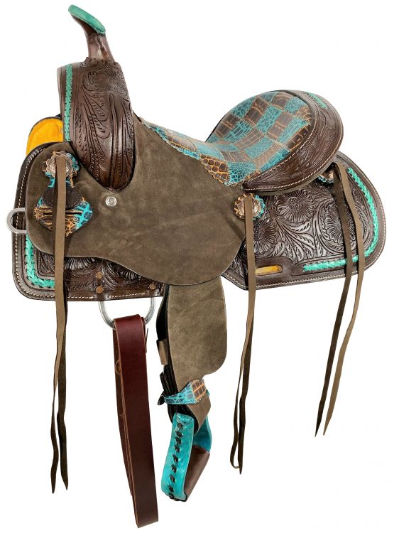 12" Barrel Style Saddle With Teal Gator Patchwork Pattern-FREE SHIPPING