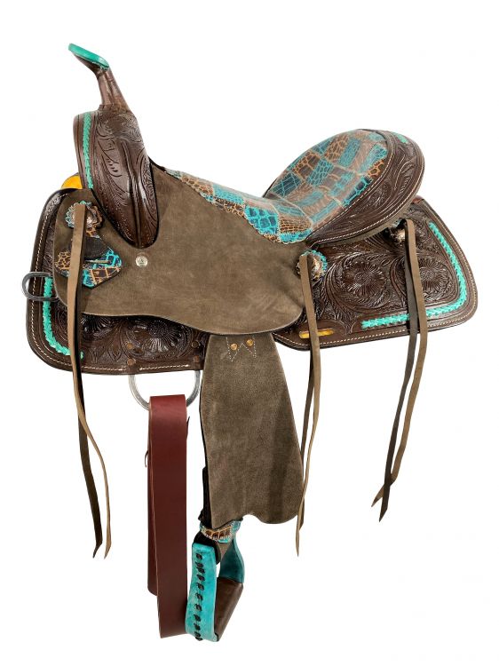 15" Barrel Style Saddle With Teal Gator Patchwork Pattern-FREE SHIPPING