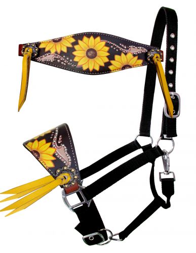 Adjustable Nylon Bronc Halter With Sunflower Hand Painted Nose Band-FREE SHIPPING
