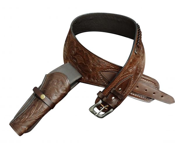 22 Caliber Medium Oil Tooled Leather Western Gun Holster and Belt-FREE SHIPPING