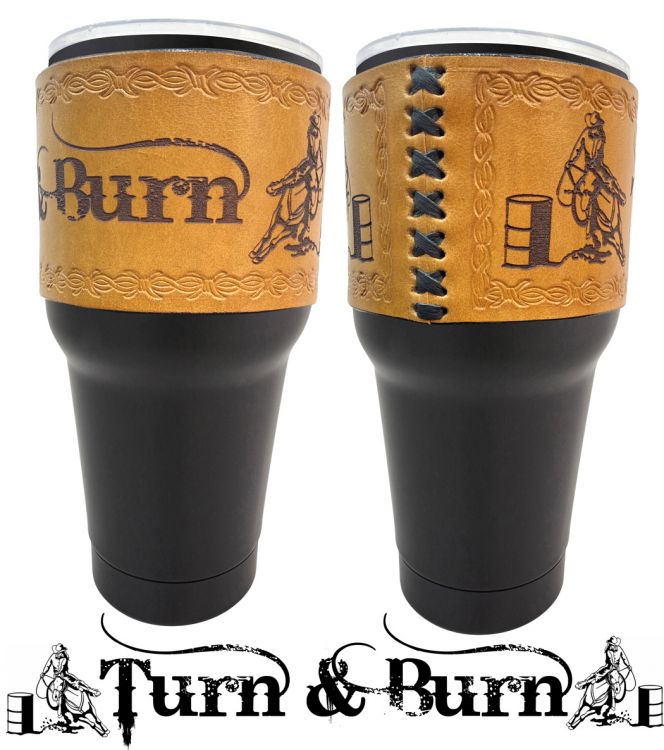 30 oz Insulated Black Tumbler with Removable Argentina Cow Leather 'Turn & Burn' Tooled Sleeve-FREE SHIPPING