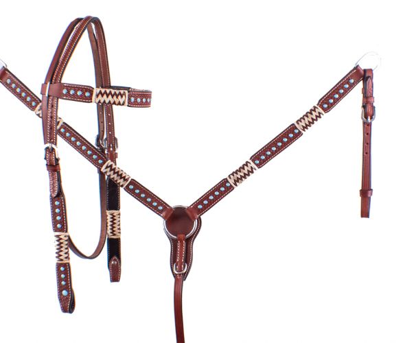 Showman ® Browband Rawhide Braided Headstall and Breast Collar Set with Turquoise Studs