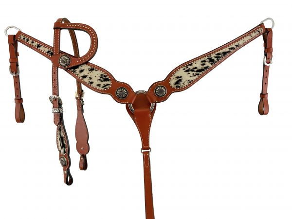 Black And White Hair On Cowhide Single Ear Headstall Tack Set-FREE SHIPPING
